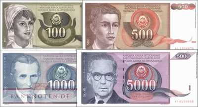 Jugoslawien: 100 - 5.000 Dinara (4 Banknoten)