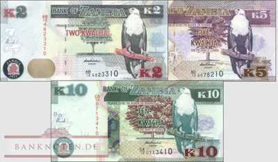 Zambia: 2 - 10 Kwacha (3 banknotes)