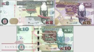 Zambia: 2 - 10 Kwacha (3 banknotes)