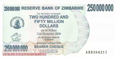 Zimbabwe - 250 Millionen Dollars (#059_UNC)