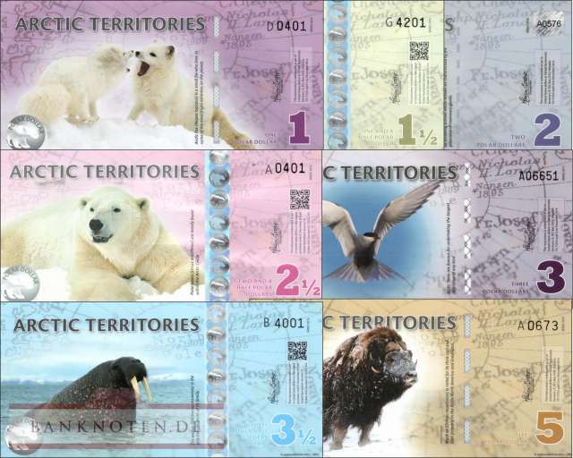 Arctic Territories: 1 - 5 Polar Dollars (7 banknotes)