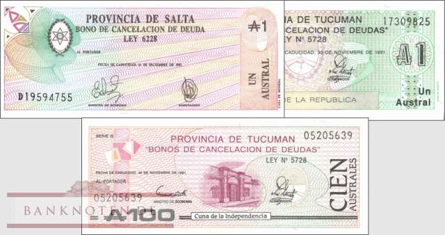 Argentinien:  1 Austral de Salta  - 100 Australes de Tucuman (3 Banknoten)