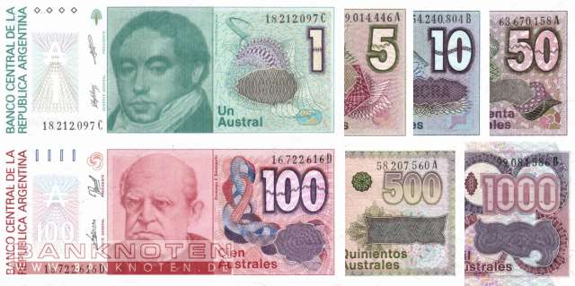 Argentinien:  1 - 1.000 Australes (7 Banknoten)