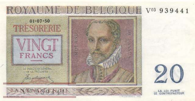 Belgium - 20  Francs (#132a_AU)