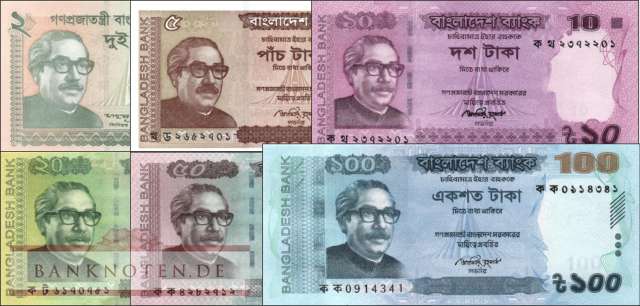 Bangladesch: 2 - 100 Taka (6 Banknoten)