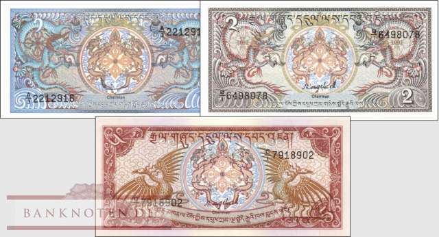 Bhutan: 1 - 5 Ngultrum (3 banknotes)