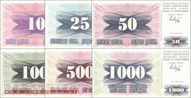Bosnia Herzegowina: 10 - 1.000 Dinars (6 banknotes)