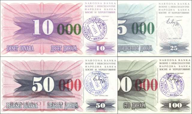 Bosnien-Herzegowina: 10.000 - 100.000 Dinar (4 Banknoten)