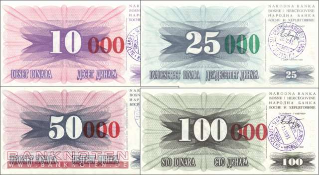Bosnien-Herzegowina: 10.000 - 100.000 Dinar (4 Banknoten)