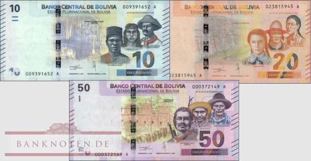 Bolivien: 10 - 50 Bolivianos (3 Banknoten)