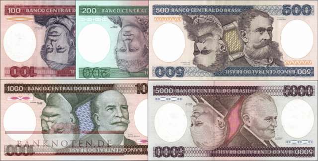 Brazil: 100 - 5.000 Cruzeiros (5 banknotes)