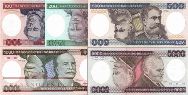 Brasilien: 100 - 5.000 Cruzeiros (5 Banknoten)