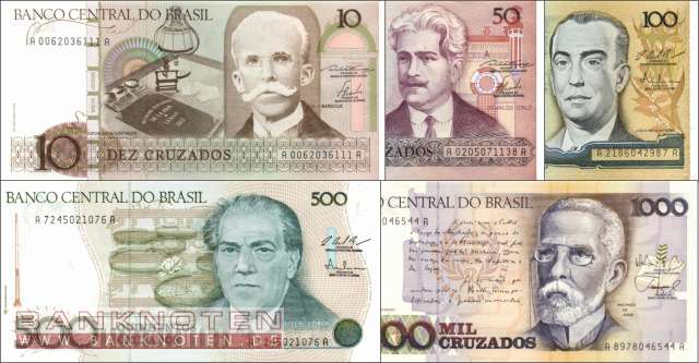 Brasilien: 10 - 1.000 Cruzados (5 Banknoten)
