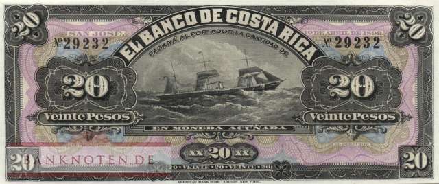 Costa Rica - 20  Pesos (#S165r_UNC)