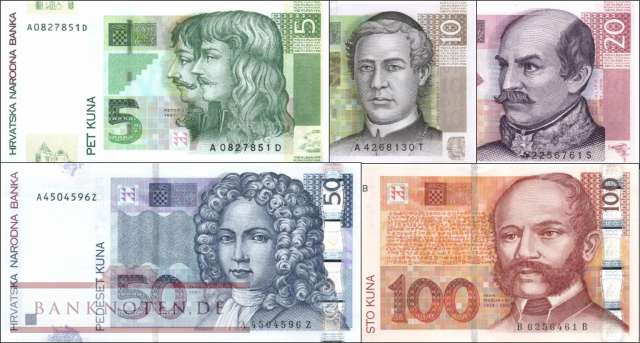 Kroatien: 5 - 100 Kuna (5 Banknoten)