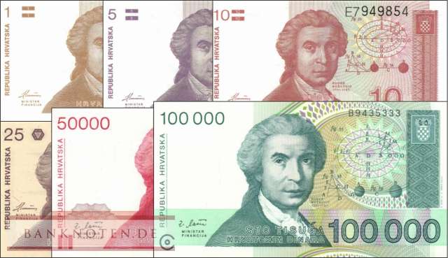 Kroatien: Set 6 Banknoten von 1991