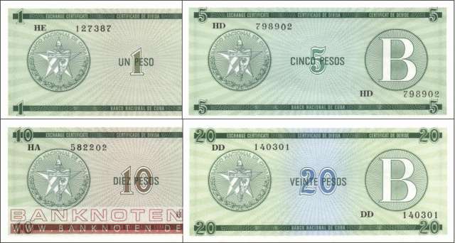 Cuba: 1 - 20 Pesos (4 banknotes)