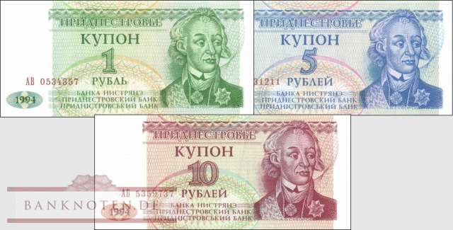 Transnistria: 1 - 10 Rubles (3 banknotes)