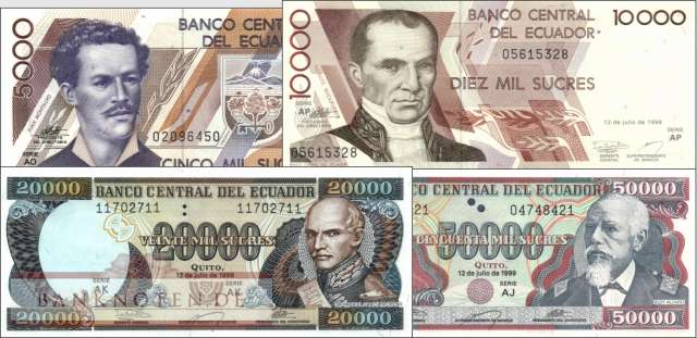 Ecuador: 5.000 - 50.000 Sucres (4 Banknoten)