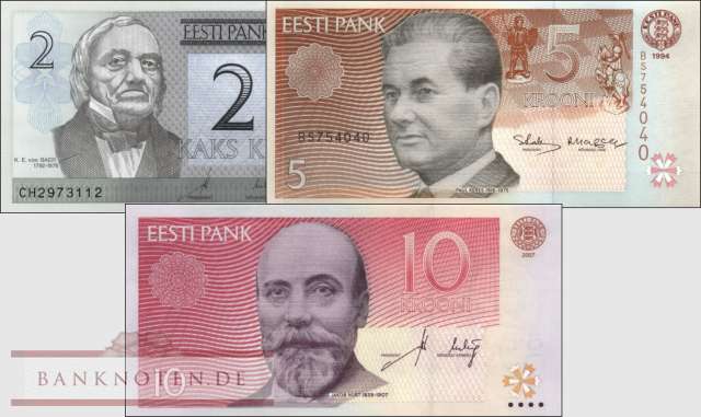 Estland: 2 - 10 Krooni (3 Banknoten)