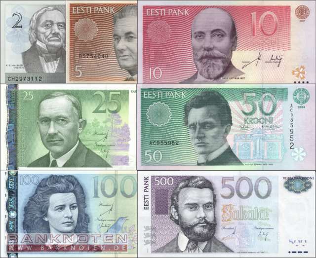 Estland: 2 - 500 Krooni (7 Banknoten)