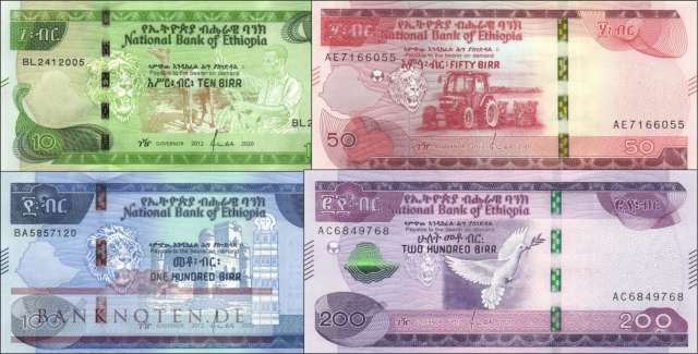 Ethiopia: 10 - 200 Birr (4 banknotes)