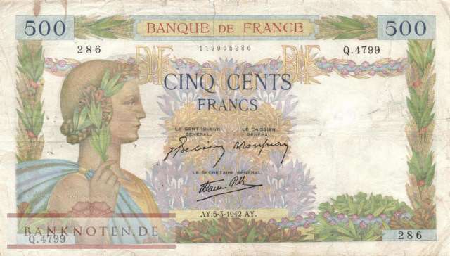 Frankreich - 500  Francs (#095b-42_VG)