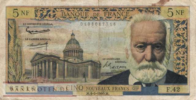 Frankreich - 5  Nouveaux Francs (#141a-60_VG)