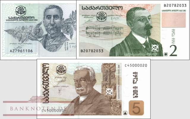 Georgia: 1 - 5 Lari (3 banknotes)