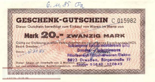 HO Geschenk-Gutschein - 20  Mark (#DDR-GS41-3b_UNC)