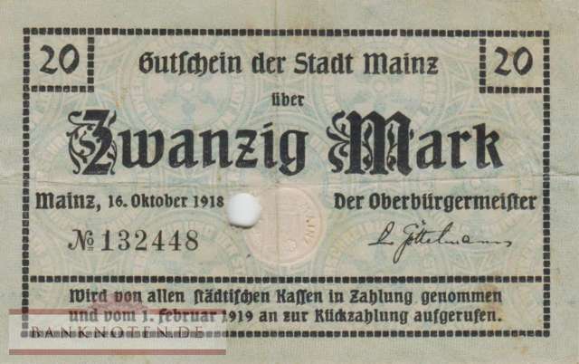 Mainz - 20  Mark - cancelled (#DGN341_5aE_VF)