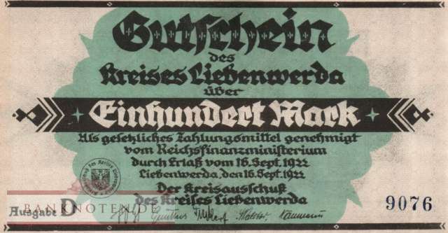 Liebenwerda - 100  Mark (#I22_2720_6a_AU)