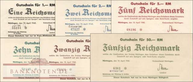 Nürtingen: 1 - 50 Reichsmark (6 Banknoten)