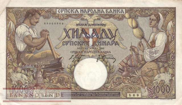 German occupation of Serbia - 1.000  Dinara (#ZWK-068a_VF)