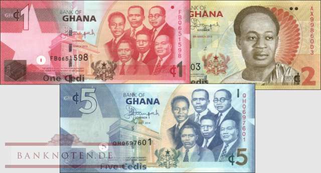 Ghana: 1 - 5 Cedis (3 Banknoten)