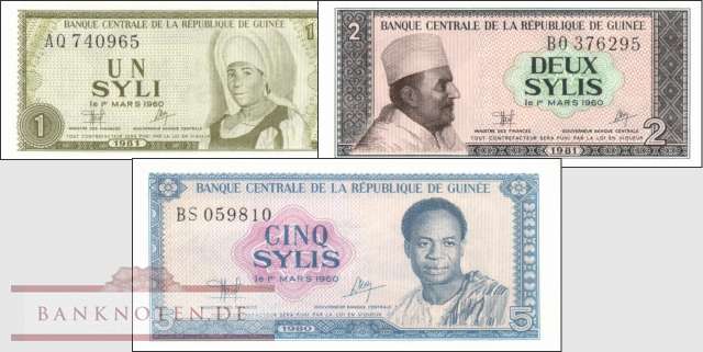 Guinea: 1 - 5 Sylis (3 Banknoten)
