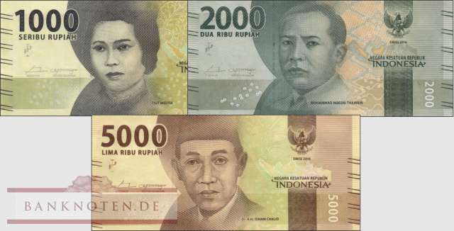 Indonesien: 1.000 - 5.000 Rupiah (3 Banknoten)