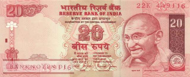 India - 20  Rupees (#089Ac_XF)