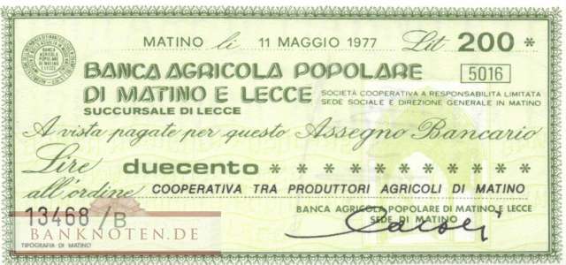 Banca Agricola Popolare die Mattino e Lecce - 200  Lire (#06m_03_04_UNC)