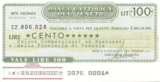 Banca Cattolica del Veneto - Venezia - 100  Lire (#06m_07_61_UNC)