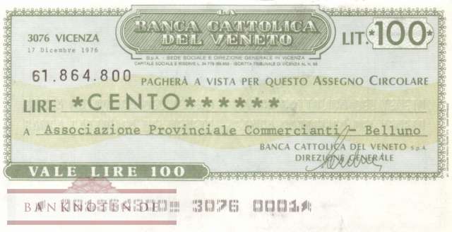 Banca Cattolica del Veneto - Belluno - 100  Lire (#06m_07_79_XF)