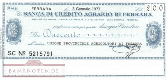 Banca di Credito Agrario di Ferrara - 200  Lire (#06m_11___72_UNC)