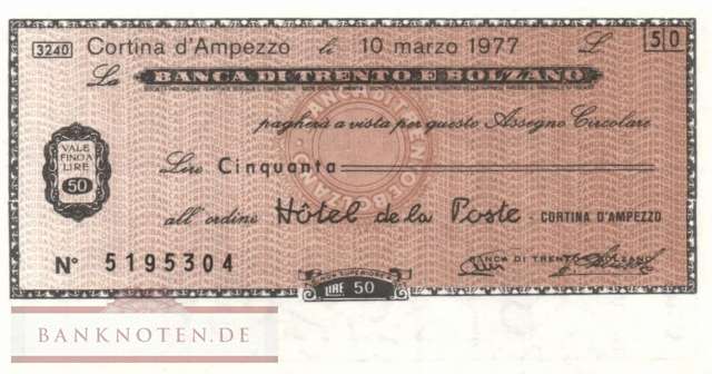 Banca di Trento e Bolzano - Cortina D Ampezzo - 50  Lire (#06m_12-1_08_UNC)