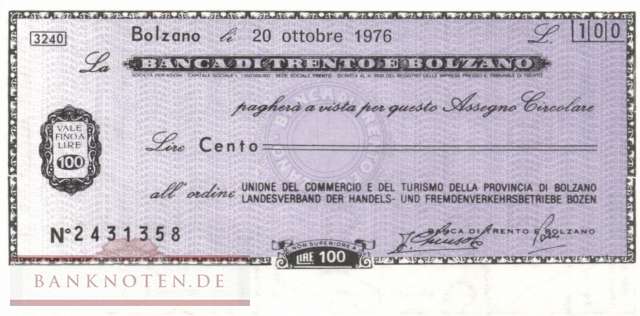 Banca di Trento e Bolzano - Bolzano - 100  Lire (#06m_12-3_28_UNC)