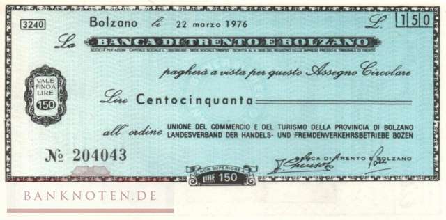 Banca di Trento e Bolzano - Bolzano - 150  Lire (#06m_12-6_52_UNC)