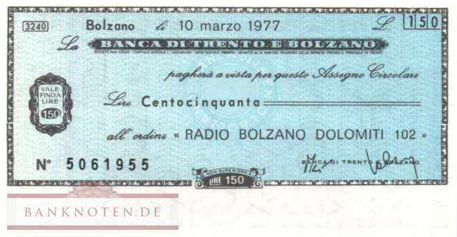 Banca di Trento e Bolzano - Bolzano - 150  Lire (#06m_12-7_61_UNC)