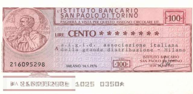 Istituto Bancario San Paolo di Torino - Milano - 100  Lire (#06m_79_13_UNC)