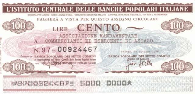 Banche Pop. Italiane - Asiago - 100  Lire (#06m_81_002_UNC)
