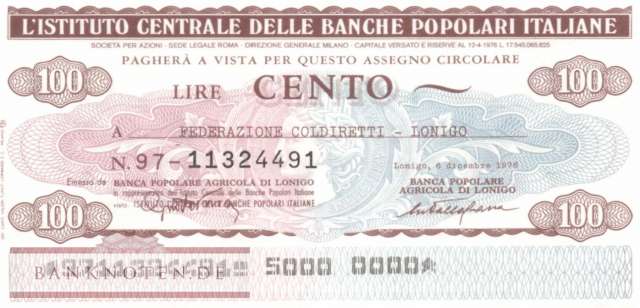 Banche Pop. Italiane - Lonigo - 100  Lire (#06m_81_054_UNC)
