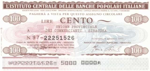 Banche Pop. Italiane - Siracusa - 100  Lire (#06m_81_108_UNC)